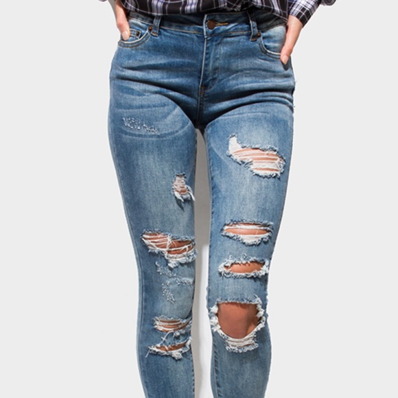 BLUE WASHED DENIM MID RISE DESTROYED RIPPED SKINNY - Picture 2 of 5